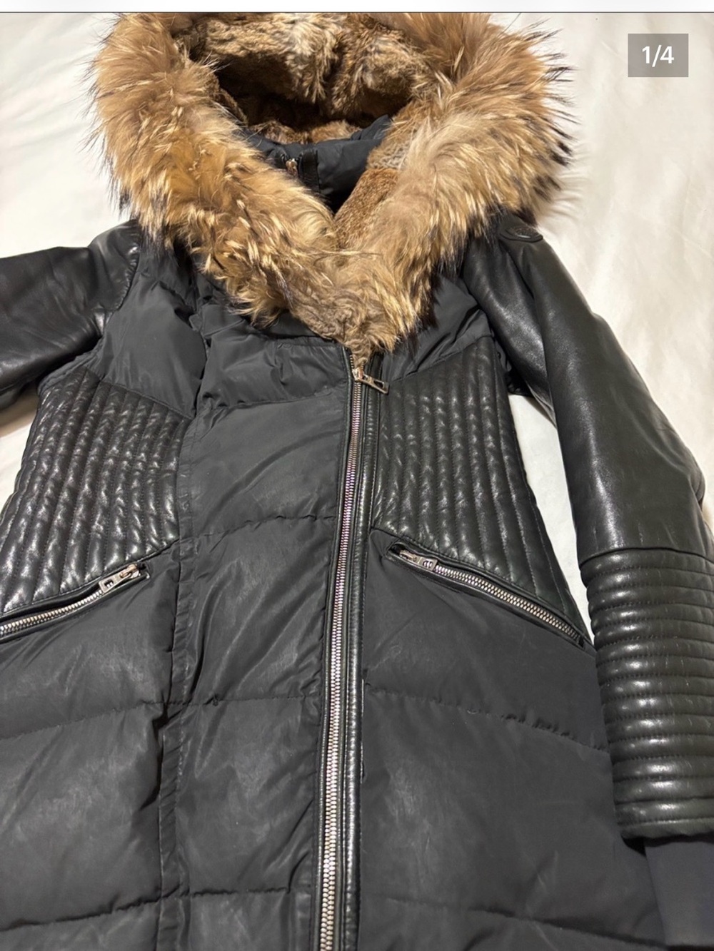 RUDSAK Black Quilted Puffer Coat with Brown Faux Fur Hood